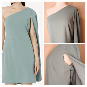 Adrianna Papell Dress Sz 12 Green One Shoulder Cape Mini Sheath w/ Stretch Crepe